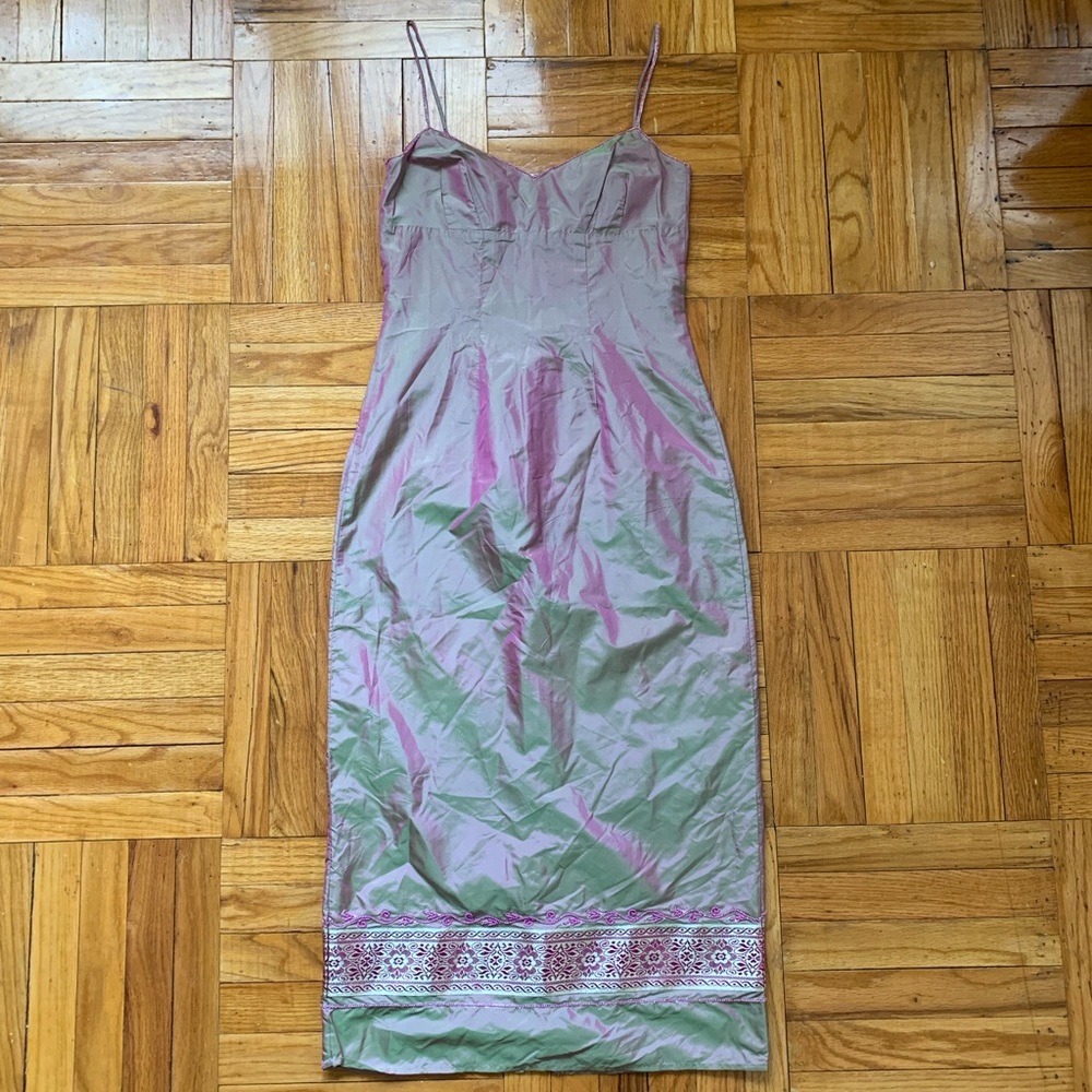 VTG Genie in a Bottle Mermaid Silk Iridescent Strappy Ankle Lenth Dress Sz Small